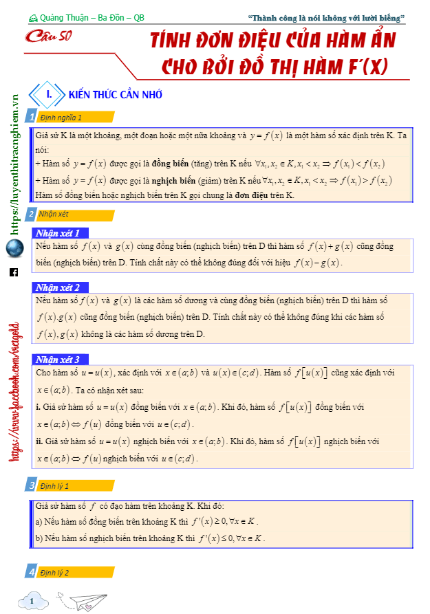 Tính đơn điệu của hàm ẩn cho bởi đồ thị hàm f'(x)