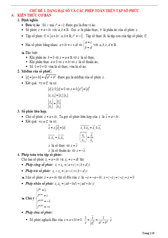 Tóm tắt lý thuyết và bài tập trắc nghiệm dạng đại số và các phép toán trên tập số phức