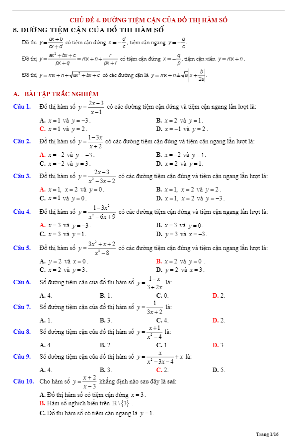 Tóm tắt lý thuyết và bài tập trắc nghiệm đường tiệm cận của đồ thị hàm số