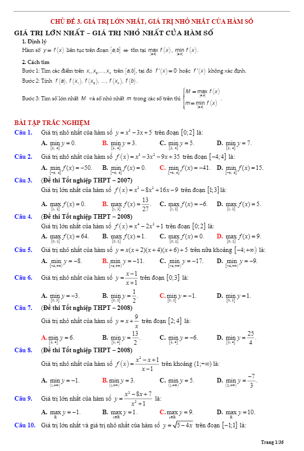 Tóm tắt lý thuyết và bài tập trắc nghiệm giá trị lớn nhất, giá trị nhỏ nhất của hàm số