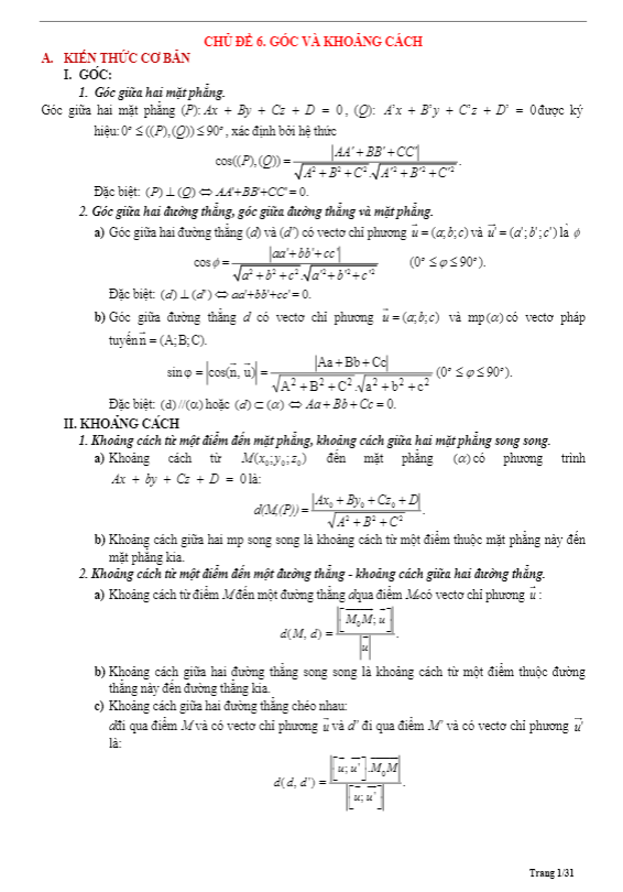 Tóm tắt lý thuyết và bài tập trắc nghiệm góc và khoảng cách