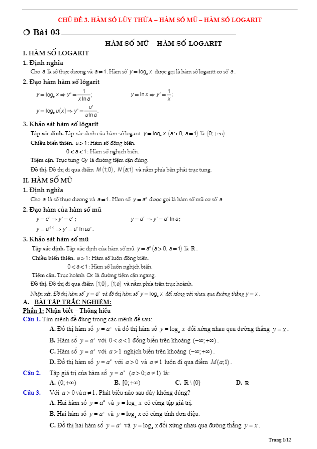 Tóm tắt lý thuyết và bài tập trắc nghiệm hàm số mũ và hàm số logarit