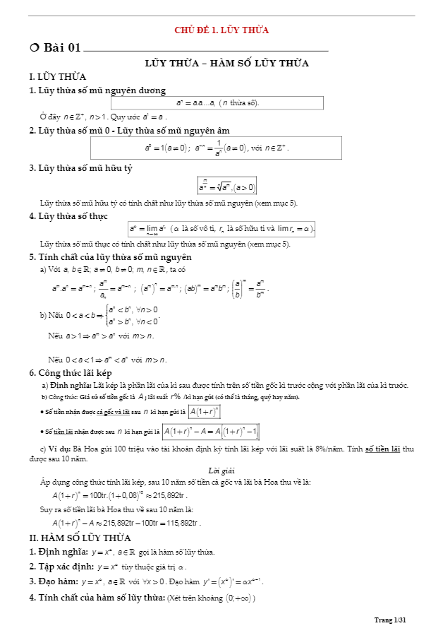 Tóm tắt lý thuyết và bài tập trắc nghiệm lũy thừa và hàm số lũy thừa