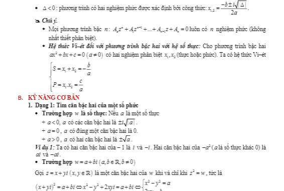 Tóm tắt lý thuyết và bài tập trắc nghiệm phương trình bậc hai với hệ số thực trên tập số phức