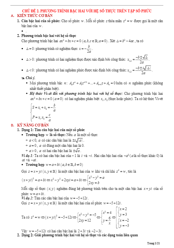 Tóm tắt lý thuyết và bài tập trắc nghiệm phương trình bậc hai với hệ số thực trên tập số phức