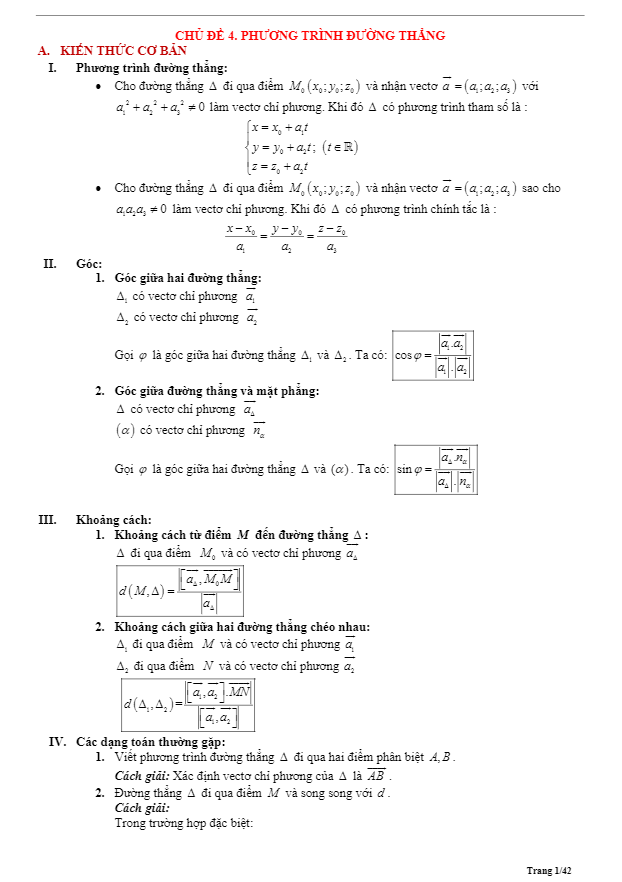 Tóm tắt lý thuyết và bài tập trắc nghiệm phương trình đường thẳng