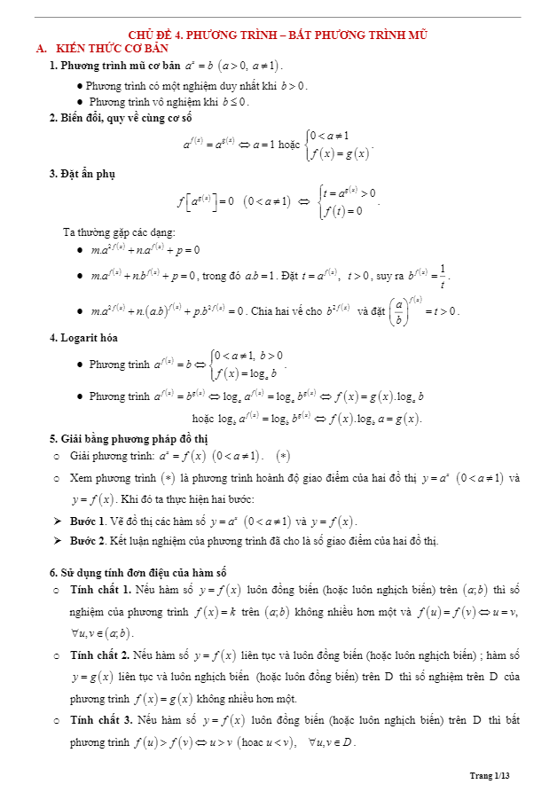 Tóm tắt lý thuyết và bài tập trắc nghiệm phương trình và bất phương trình mũ