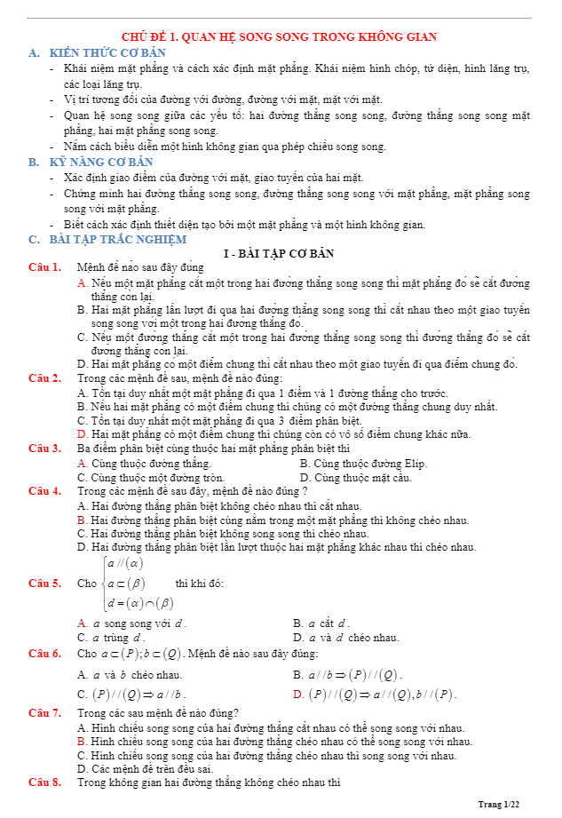 Tóm tắt lý thuyết và bài tập trắc nghiệm quan hệ song song trong không gian