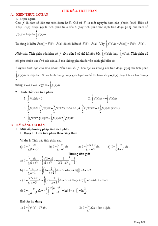 Tóm tắt lý thuyết và bài tập trắc nghiệm tích phân