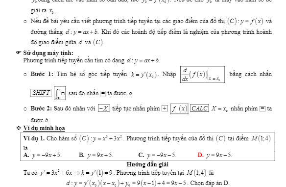 Tóm tắt lý thuyết và bài tập trắc nghiệm tiếp tuyến của đồ thị hàm số