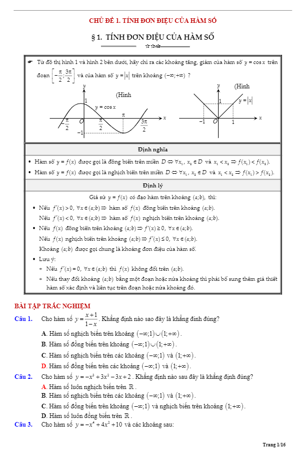 Tóm tắt lý thuyết và bài tập trắc nghiệm tính đơn điệu của hàm số