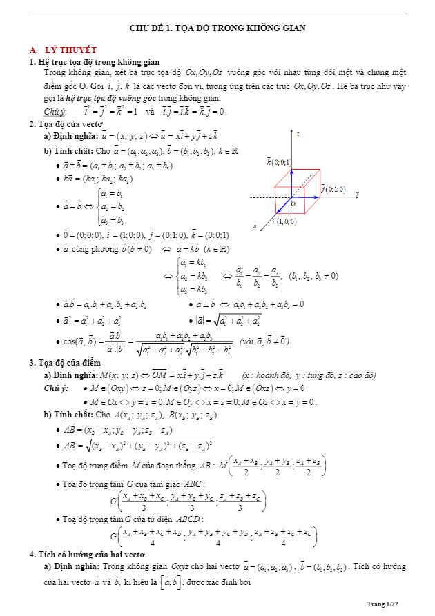 Tóm tắt lý thuyết và bài tập trắc nghiệm tọa độ trong không gian