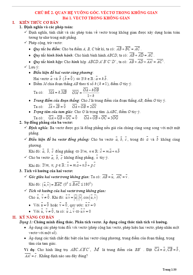 Tóm tắt lý thuyết và bài tập trắc nghiệm véctơ trong không gian, quan hệ vuông góc