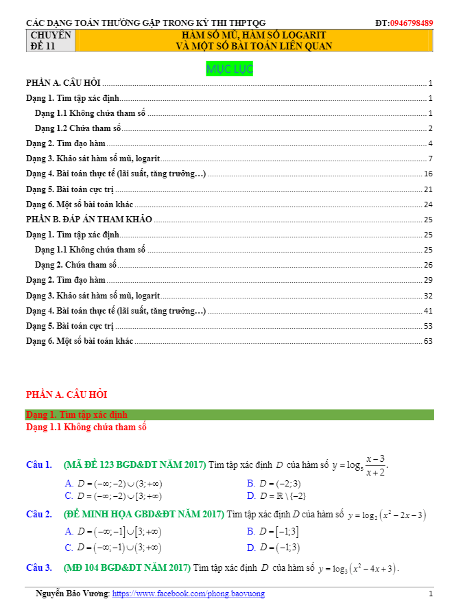 Trắc nghiệm hàm số mũ, hàm số logarit và một số bài toán liên quan