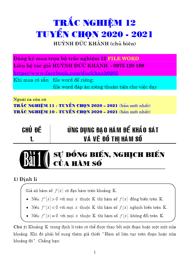 Ứng dụng đạo hàm để khảo sát và vẽ đồ thị hàm số Huỳnh Đức Khánh