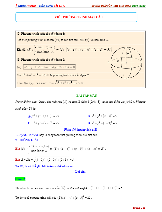Viết phương trình mặt cầu