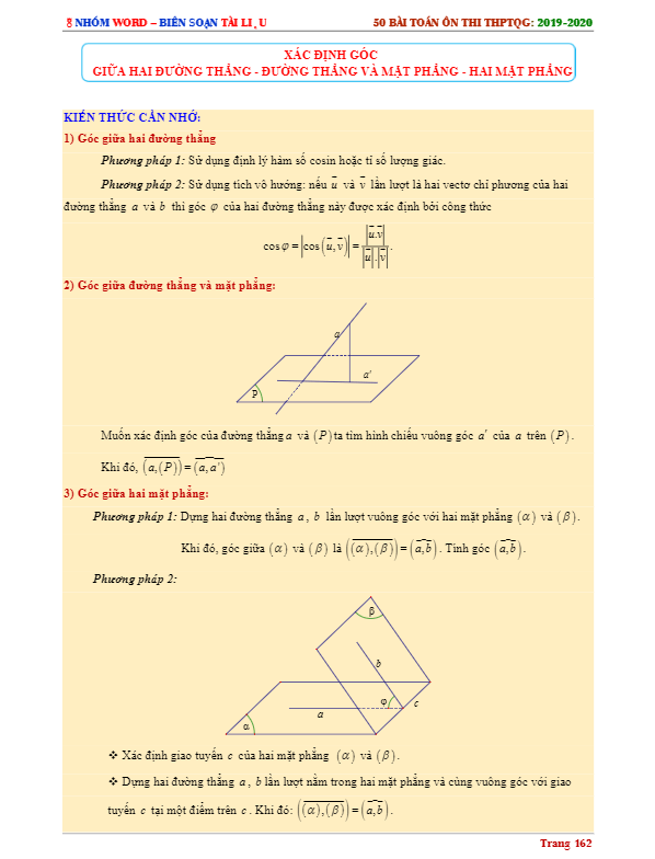 Xác định góc giữa hai đường thẳng, đường thẳng và mặt phẳng, hai mặt phẳng