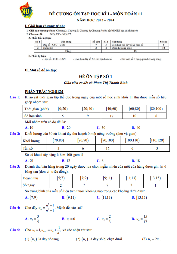 03 đề ôn tập cuối kì 1 Toán 11 năm 2023 2024 trường THPT Việt Đức Hà Nội