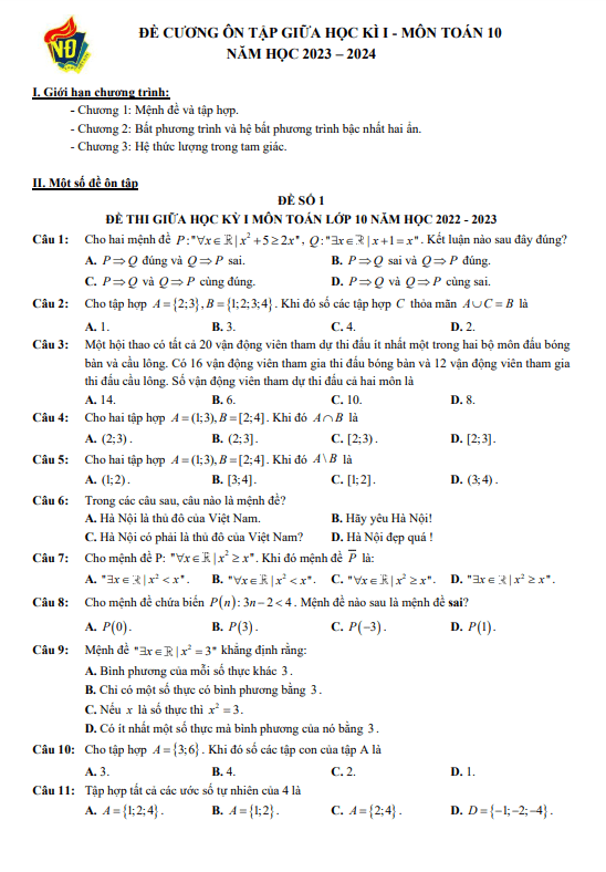 03 đề ôn tập giữa kì 1 Toán 10 năm 2023 2024 trường THPT Việt Đức Hà Nội