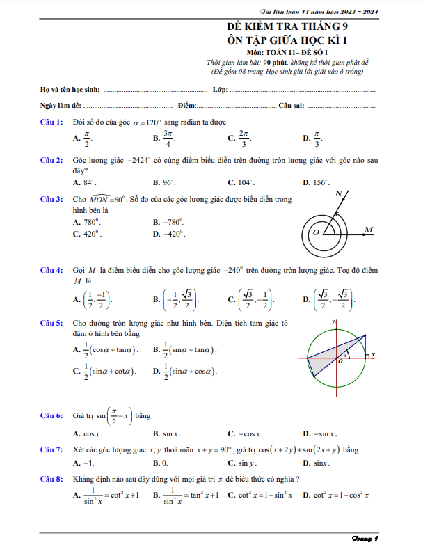 03 đề ôn tập kiểm tra giữa học kì 1 môn Toán 11 năm học 2023 2024