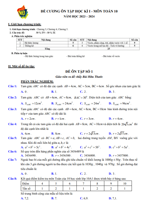 04 đề ôn tập cuối kì 1 Toán 10 năm 2023 2024 trường THPT Việt Đức Hà Nội