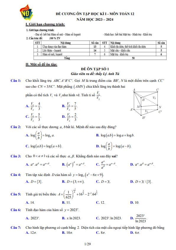 05 đề ôn tập cuối kì 1 Toán 12 năm 2023 2024 trường THPT Việt Đức Hà Nội