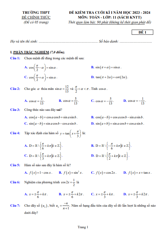 05 đề tham khảo kiểm tra cuối học kì 1 Toán 11 KNTTVCS