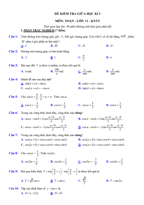 07 đề tham khảo kiểm tra giữa học kì 1 Toán 11 KNTTVCS