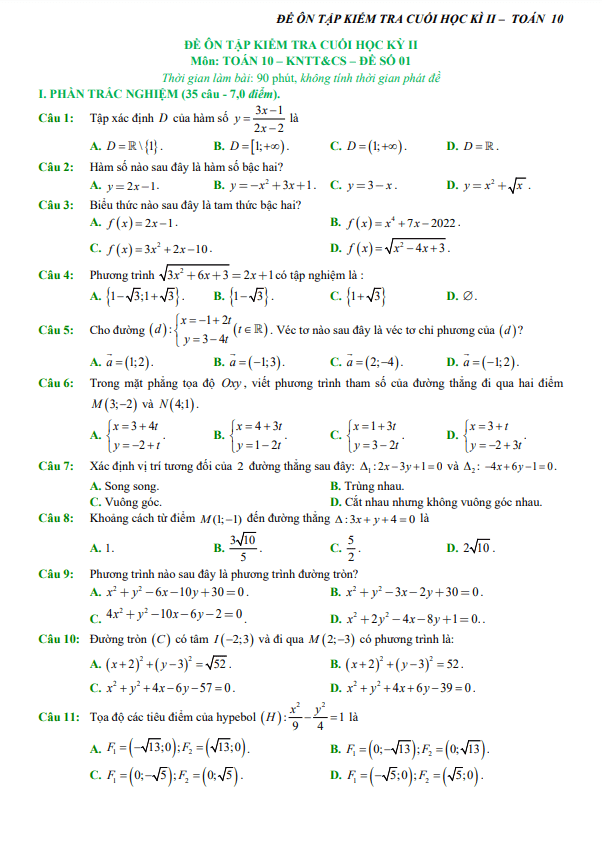 10 đề ôn tập cuối học kì 2 Toán 10 Kết Nối Tri Thức Với Cuộc Sống (70% TN + 30% TL)