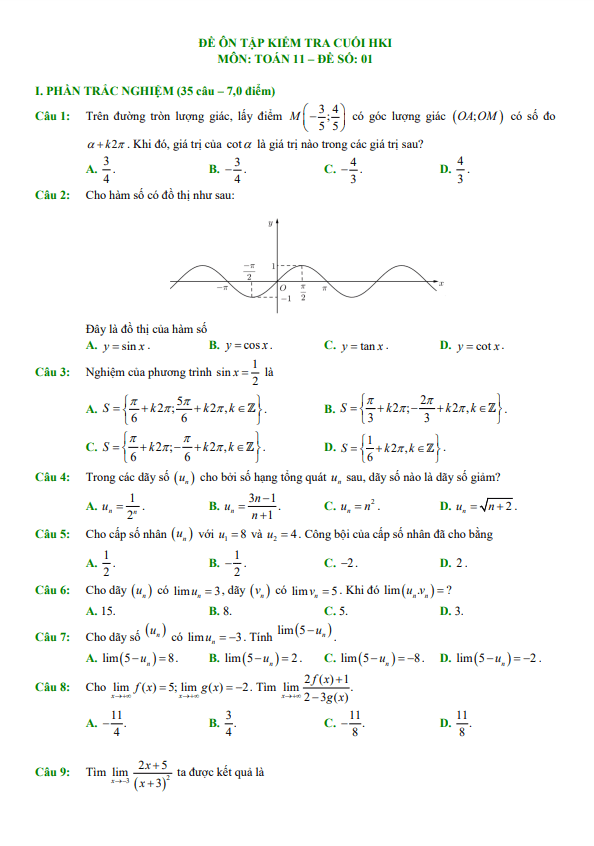 10 đề ôn tập kiểm tra cuối học kì 1 Toán 11 Cánh Diều (70% TN + 30% TL)