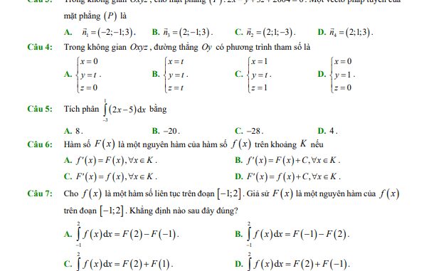 10 đề ôn tập kiểm tra giữa học kì 2 môn Toán 12 (100% trắc nghiệm)