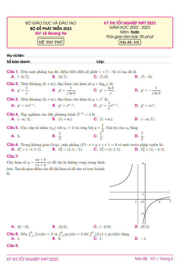 10 đề phát triển đề minh họa thi tốt nghiệp THPT năm 2023 môn Toán