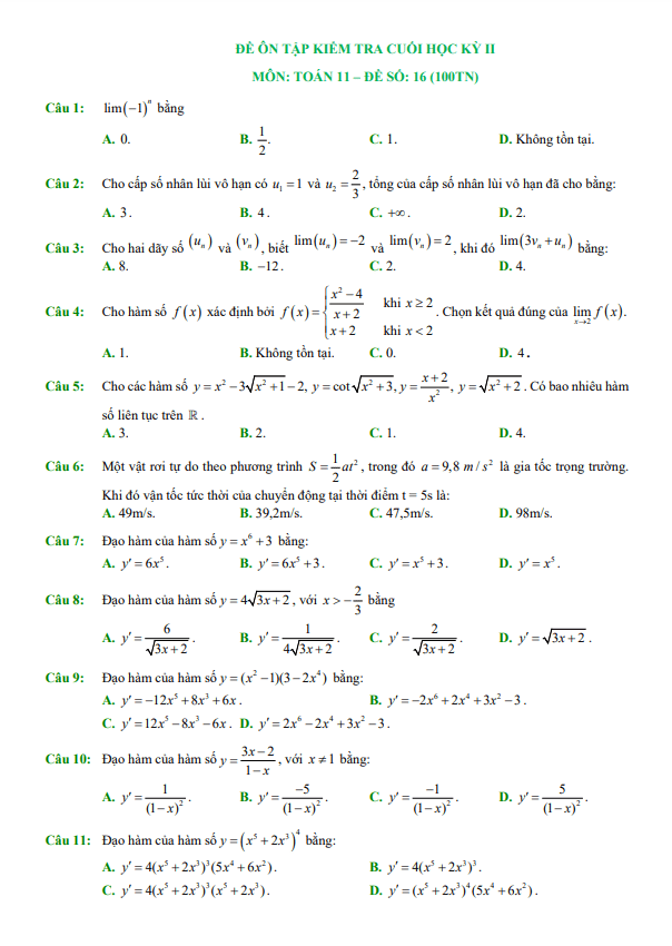 11 đề ôn tập kiểm tra cuối học kỳ 2 môn Toán 11 (100% trắc nghiệm)
