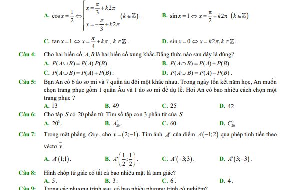 12 đề ôn tập kiểm tra cuối học kì 1 môn Toán 11 (100% trắc nghiệm)