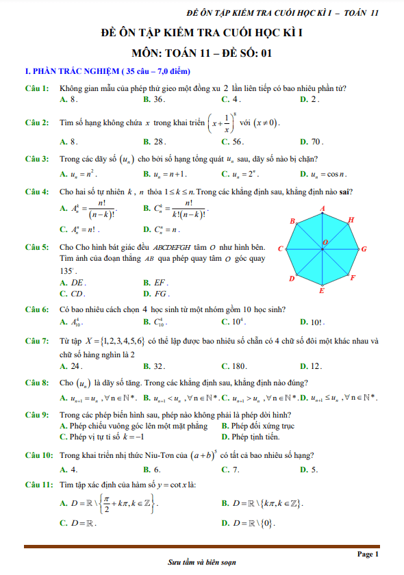 12 đề ôn tập kiểm tra cuối học kì 1 môn Toán 11 (70% TN + 30% TL)