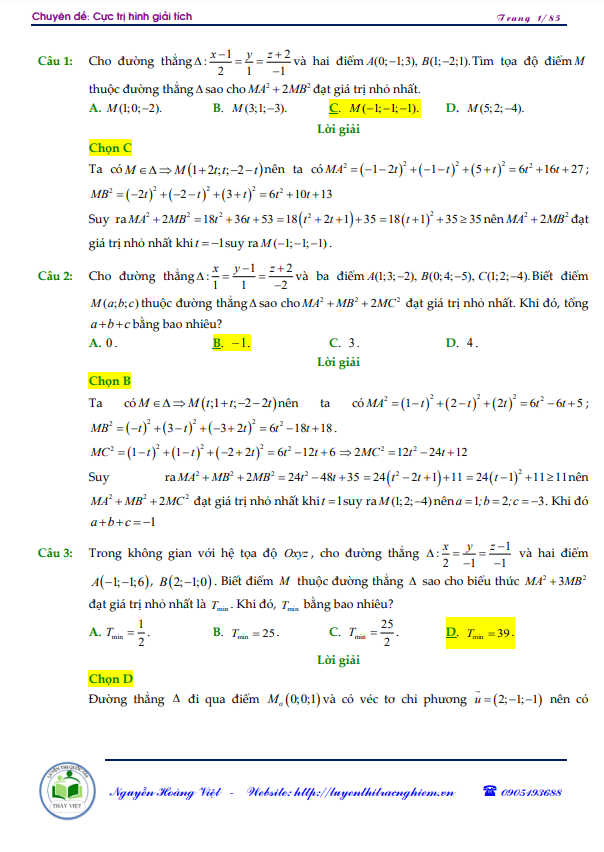 138 bài toán cực trị hình học giải tích không gian Oxyz vận dụng cao