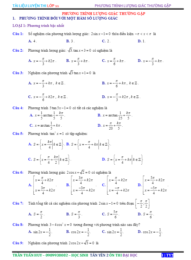 321 bài toán trắc nghiệm phương trình lượng giác thường gặp Trần Tuấn Huy