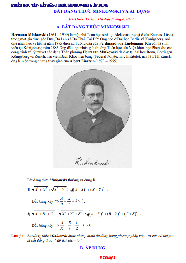 Áp dụng bất đẳng thức Minkowski giải bài toán cực trị số phức và Oxyz