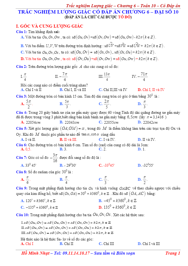 Bài tập trắc nghiệm công thức lượng giác Hồ Minh Nhựt