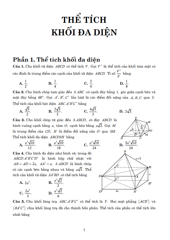 Bài tập trắc nghiệm thể tích khối đa diện vận dụng cao