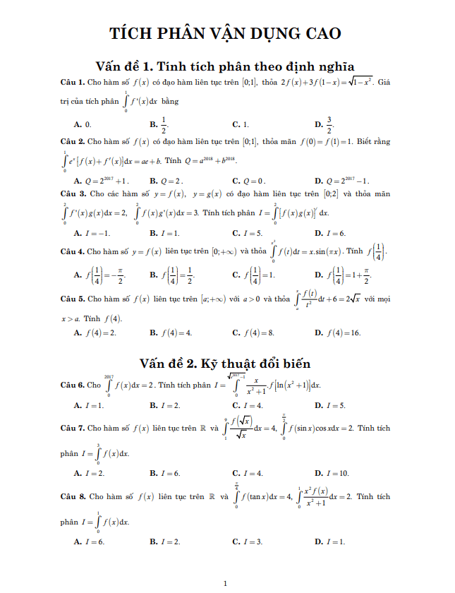 Bài tập trắc nghiệm tích phân và ứng dụng của tích phân vận dụng cao