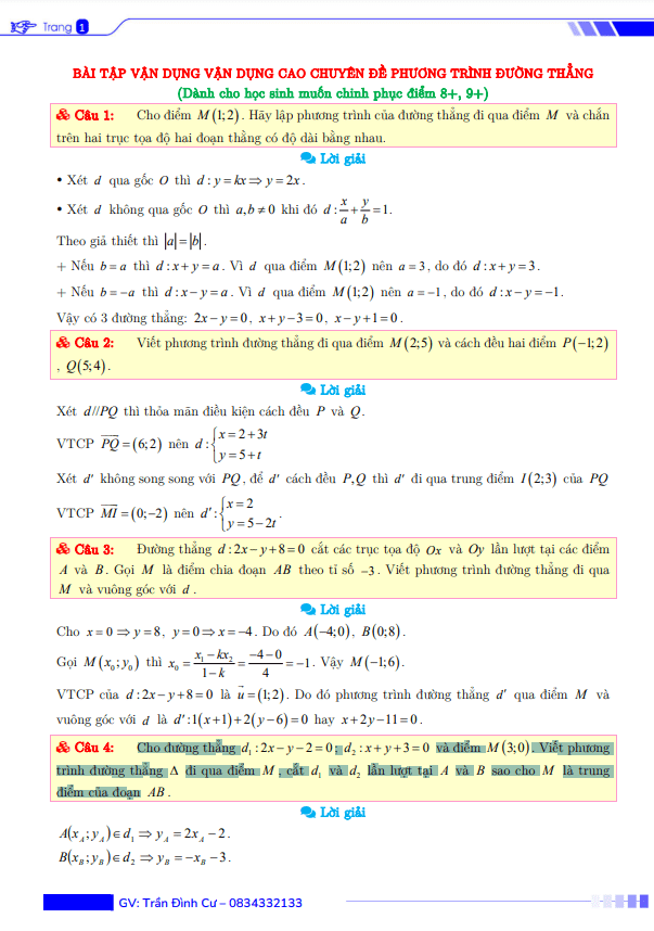 Bài tập vận dụng vận dụng cao chuyên đề phương trình đường thẳng