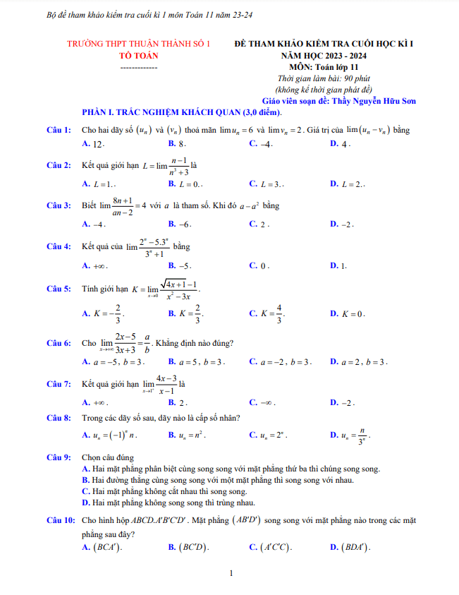 Bộ đề tham khảo cuối kì 1 Toán 11 năm 2023 2024 trường Thuận Thành 1 Bắc Ninh