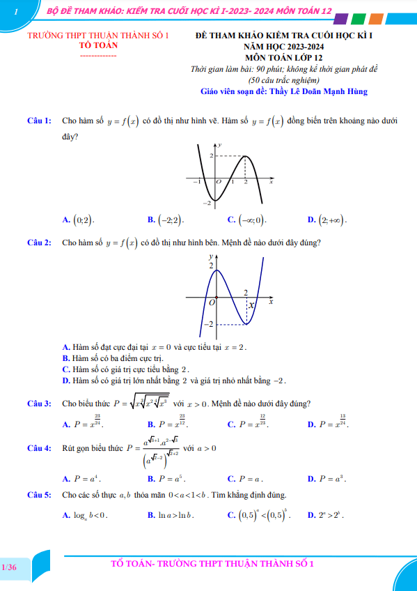 Bộ đề tham khảo cuối kì 1 Toán 12 năm 2023 2024 trường Thuận Thành 1 Bắc Ninh