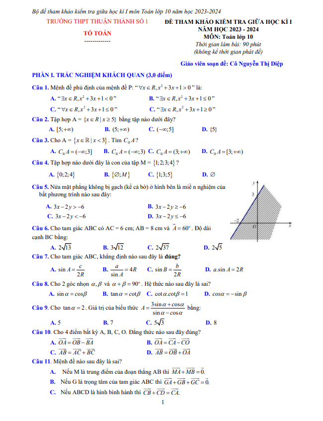 Bộ đề tham khảo giữa kì 1 Toán 10 năm 2023 2024 trường Thuận Thành 1 Bắc Ninh