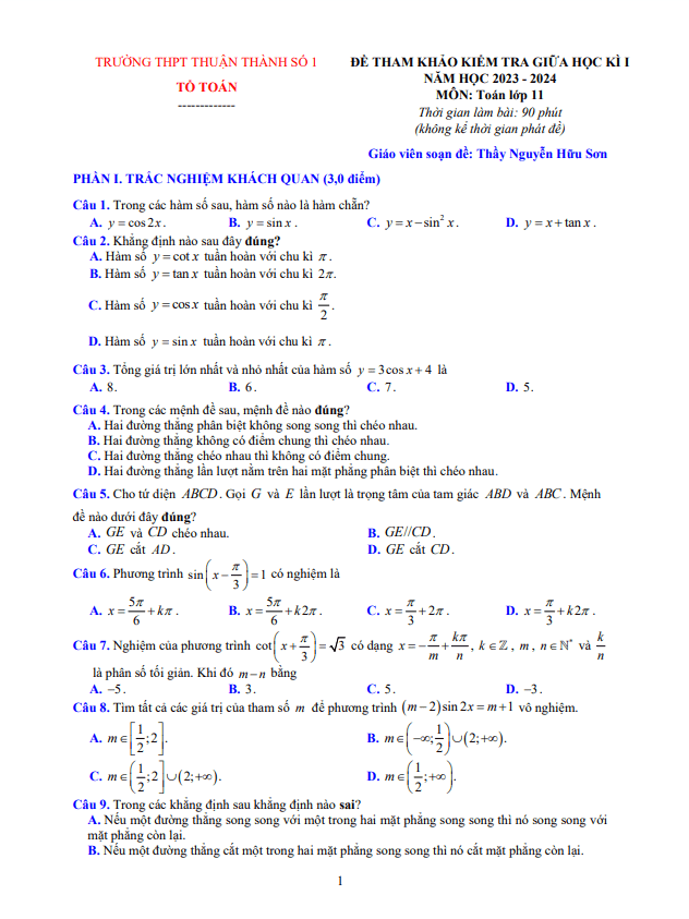 Bộ đề tham khảo giữa kì 1 Toán 11 năm 2023 2024 trường Thuận Thành 1 Bắc Ninh