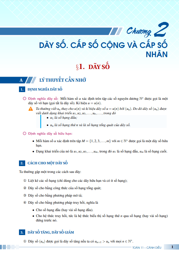 Các dạng toán dãy số, cấp số cộng và cấp số nhân Toán 11 Cánh Diều