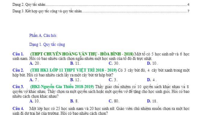 Các dạng toán quy tắc đếm, hoán vị, chỉnh hợp, tổ hợp thường gặp