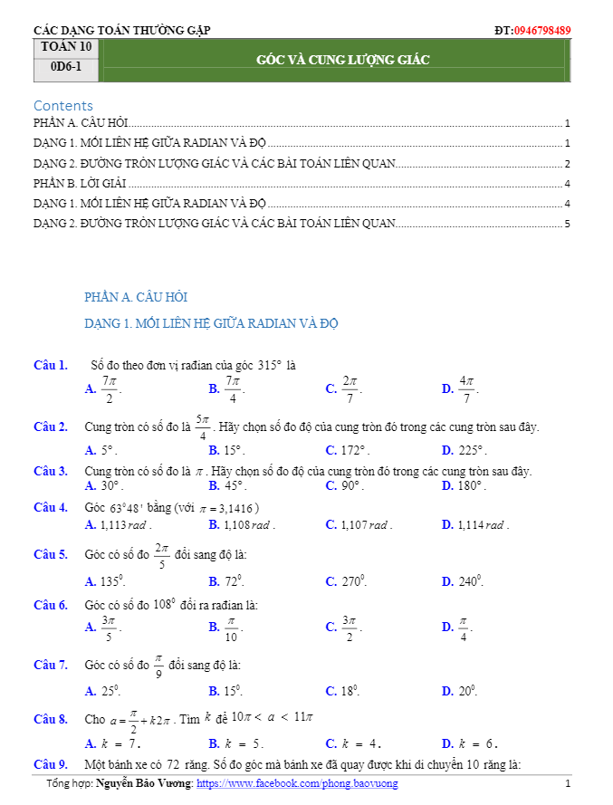 Các dạng toán trắc nghiệm góc lượng giác và công thức lượng giác