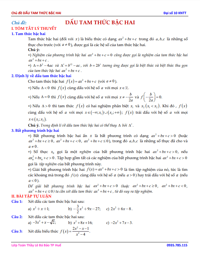 Chủ đề dấu tam thức bậc hai Toán 10 KNTTVCS Lê Bá Bảo